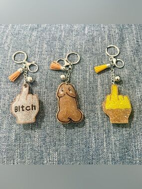 Set of 3- Novelty Middle Finger adult funny Keychain bundle Brown gag gift